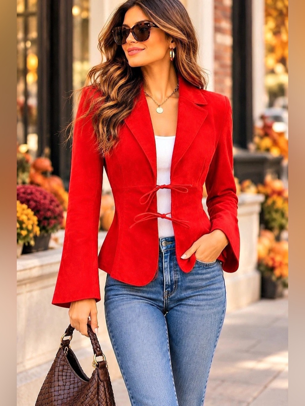 Danier Red Genuine Leather Blazer Jacket Tie Front Women’s 8 Made Canada